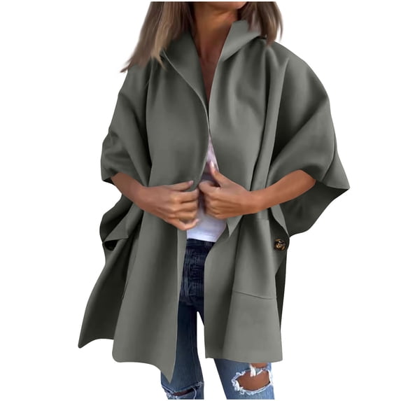 Cape Jacket for Women Hooded Lapel Pocket Solid Poncho Coat Three Quarter Sleeve Office Leisure Travel Weekend Cover Up with One Piece Drape Look