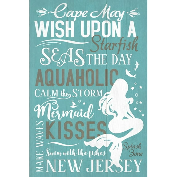 Cape May, New Jersey, Mermaid Typography (24x36 Giclee Gallery Art Print, Vivid Textured Wall Decor)