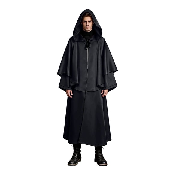Cape Medieval Assassin, Cloak Faux Leather, Look Wizard Robe, Hooded Cloak, Double Layer Hooded Cape Medieval Assassin Cloak Faux Leather Look Wizard Robe for Spooky Season, Black XXL