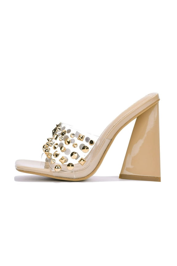 Block Chunky High Heels Women Transparent Slip-On Square Open Toe Gold Studs Spikes MAXFIELD Beige Nude 8.5