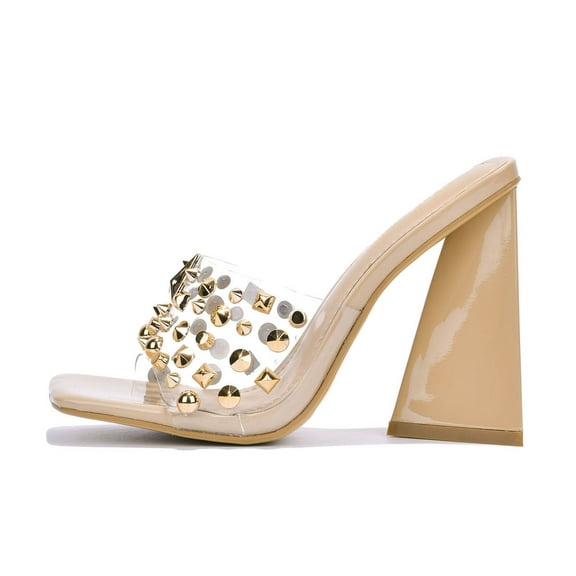 Cape Robbin Block Chunky High Heels Women Transparent Slip-On Square Open Toe Gold Studs Spikes MAXFIELD Beige Nude 8