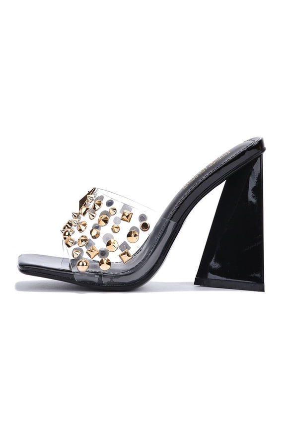 Block Chunky High Heels Women Transparent Slip-On Square Open Toe Gold Studs Spikes MAXFIELD Black 5.5