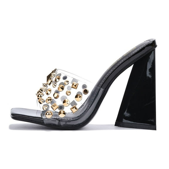 Cape Robbin Block Chunky High Heels Women Transparent Slip-On Square Open Toe Gold Studs Spikes MAXFIELD Black 6