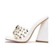Cape Robbin Block Chunky High Heels Women Transparent Slip-On Square Open Toe Gold Studs Spikes MAXFIELD White 7