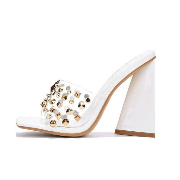Cape Robbin Block Chunky High Heels Women Transparent Slip-On Square Open Toe Gold Studs Spikes MAXFIELD White 8