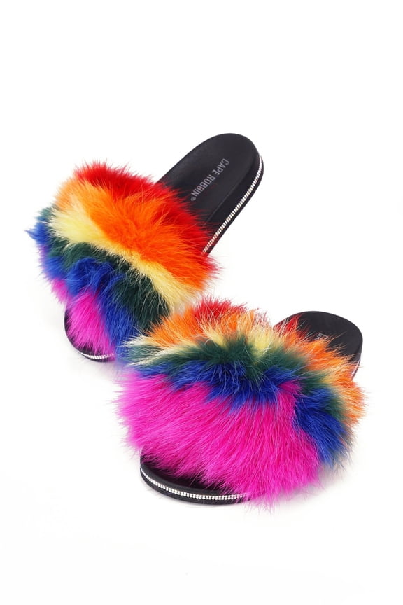 CASINO Red Multi Color Flat slip-on Sandals Furry Mules Slides