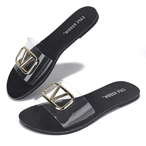 Cape Robbin Century Black Clear Open Toe Slip On V Fashion Beach Slides Sandals (Black, 6)