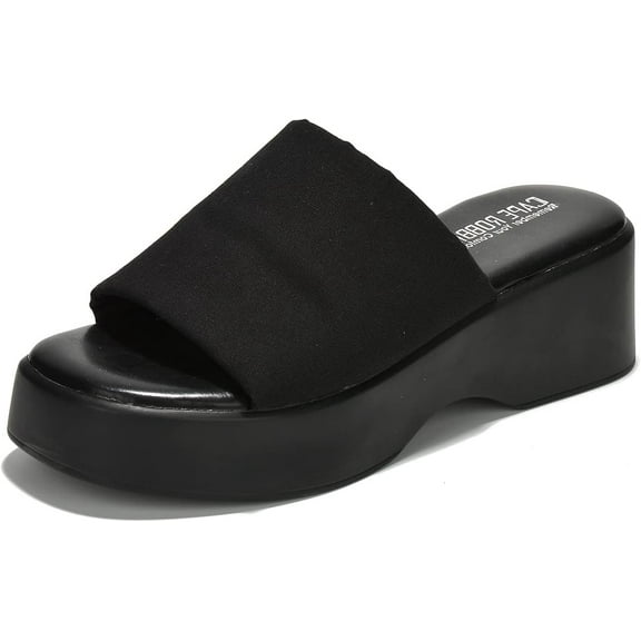 Cape Robbin Charges Black Slip On Squared Open Toe Platform Wedge Heeled Sandals (Black, 9)