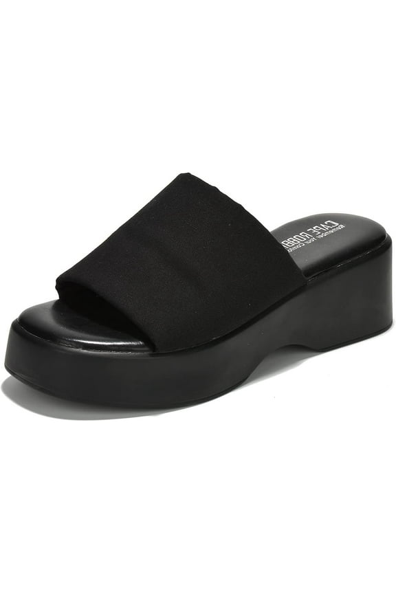 Charges Black Slip On Squared Open Toe Platform Wedge Heeled Sandals (Black, 9)