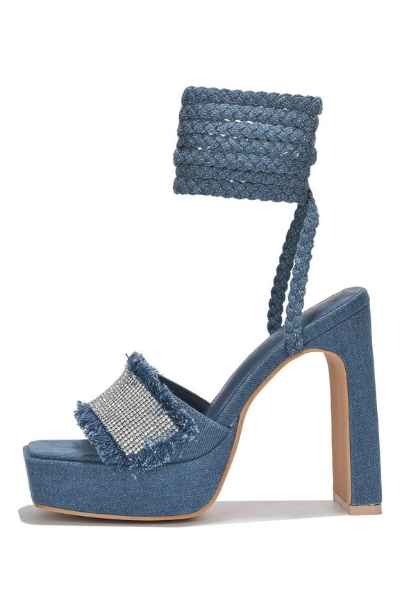 Dannie Light Blue Denim Rhinestone Open Toe Block Heeled Sandals (Light Blue, 8)