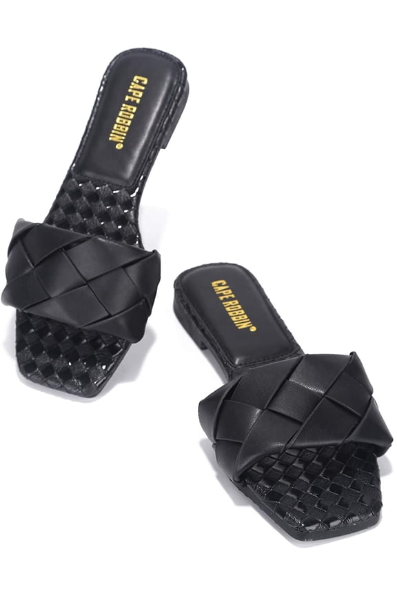 Deja Woven Mules Slip On Flat Squared Open Toe Slides Sandals Black (Black, 6)