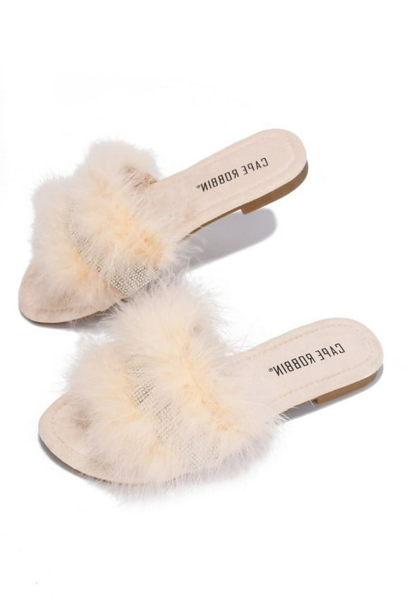 Easter Nude Slip On Slide Mule Casual Slippers Furry Feather Sandals (Nude, 6)