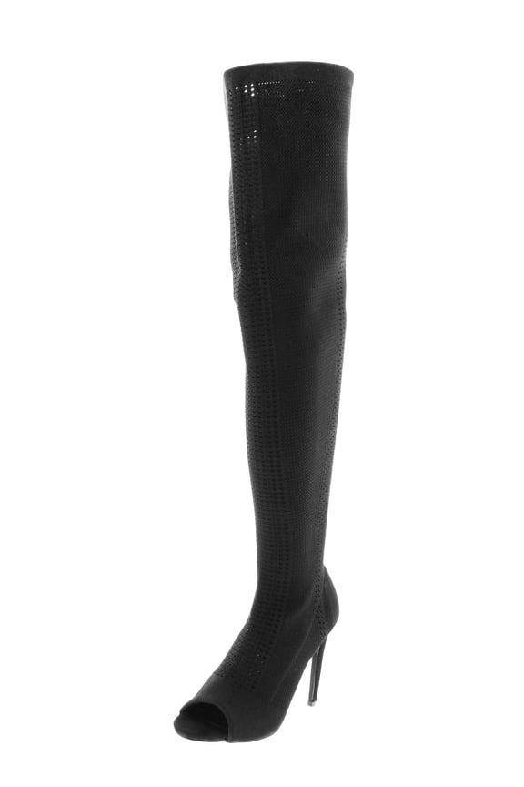 Elnora-27 Open Peep Toe Knit Stretch Elastic Pull On Thigh High Boot Black