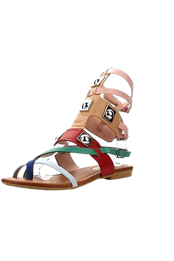 Emily-63 Colorful Strappy Colorblock Hardware Gladiator Flats Sandal (Colorful, 7.5)