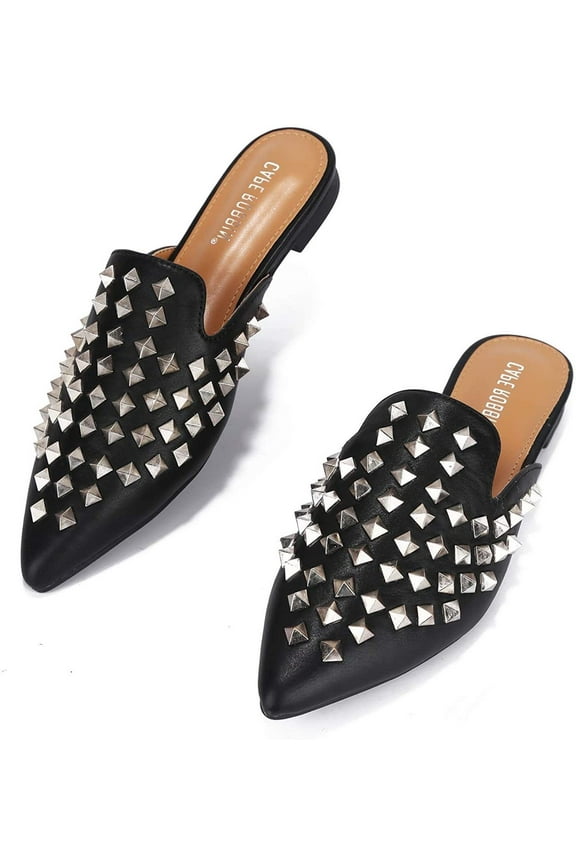 Enny Slip On Flat Sandals Black pointed Toe Embellished Mule Slides (Black, 6.5)