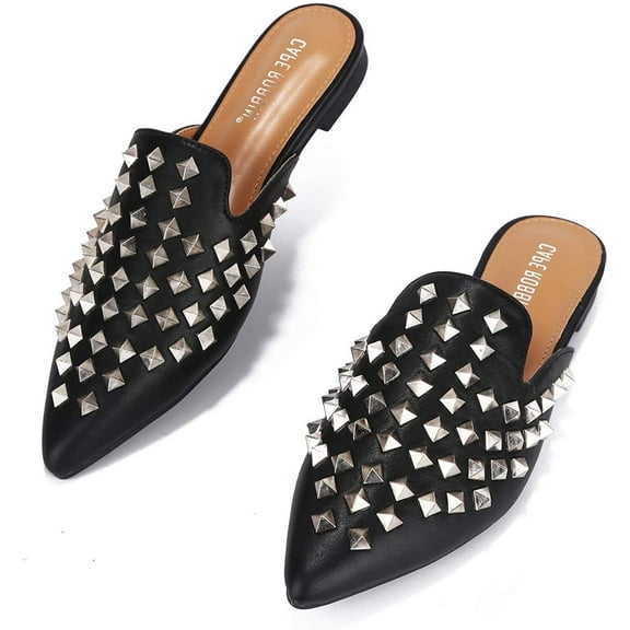 Cape Robbin Enny Slip On Flat Sandals Black pointed Toe Embellished Mule Slides (Black, 6)