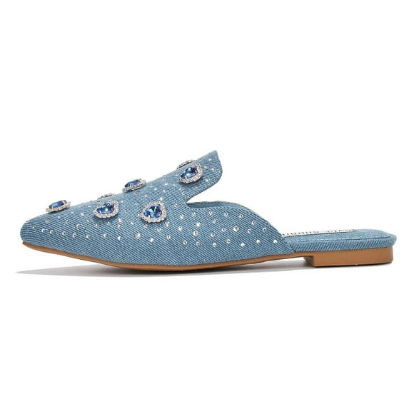 Cape Robbin Flat Mule Sierra Rhinestone Stud Detail Pointed Toe Slip On Flats (Denim, 8)