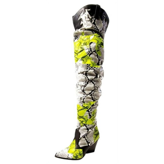 Cape Robbin HILDA OVER THE KNEE THIGH HIGH CHUNKY LOW HEEL BOOTS WESTERN BLACK (Black Yellow Multi, 7.5)