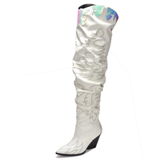 Cape Robbin Hilda Cowboy Boots Women, Over The Knee Western Cowgirl Boots with Chunky Block Heels, Fashion Dress Boots for Women (White Premium, 10)
