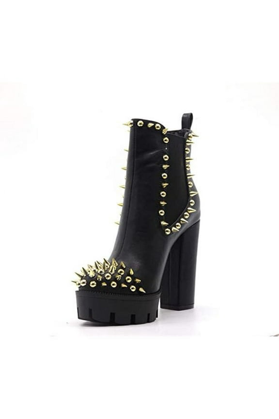 Jagged Chunky Heel Spike Studded Platform Chelsea Bootie Black (6, Black)