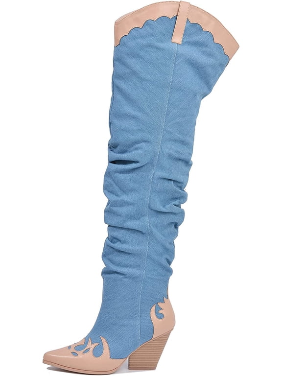 Jeans Western Thigh High Over The Knee Cowgirl Boots - Denim 8.5