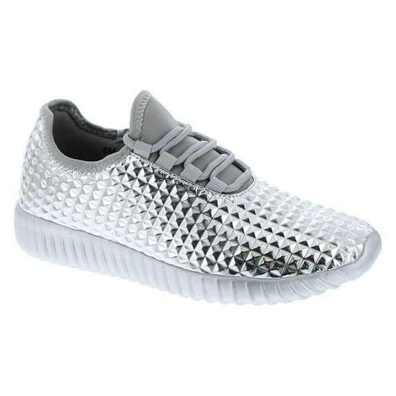 Cape Robbin Judo-1 Women Metallic Leatherette Quilted Lace Up Jogging Sneaker, Silver, 6