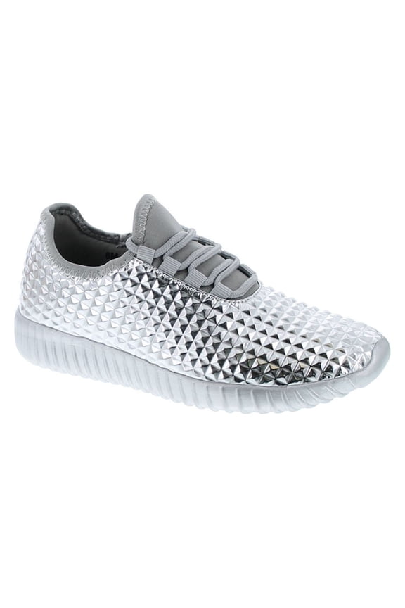 Judo-1 Women Metallic Leatherette Quilted Lace Up Jogging Sneaker, Silver, 6