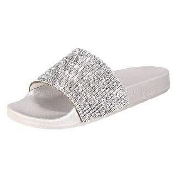 Cape Robbin MOIRA-61 SILVER RHINESTONE DIAMOND SLIDE MULE FLAT DESIGNER SANDALS