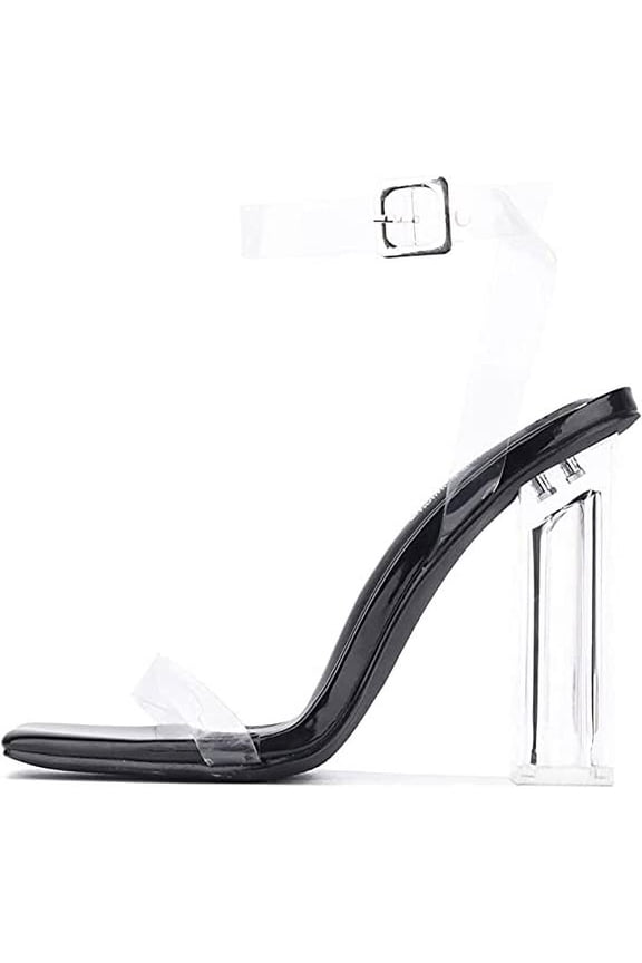 Maria-2 Black Block Heel Open Toe Transparent Ankle Strap Pumps (Black, 11)