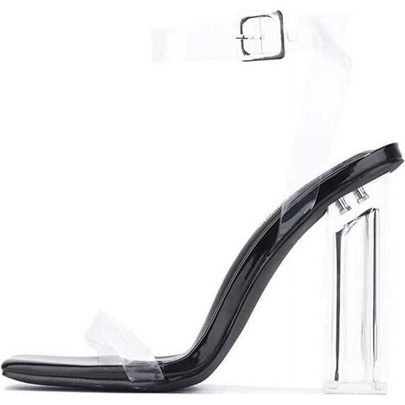 Cape Robbin Maria-2 Lucite Clear Strappy Block Chunky Sandal Shoe Black (6.5)
