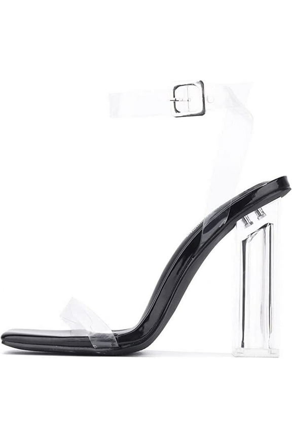 Maria-2 Lucite Clear Strappy Block Chunky Sandal Shoe Black (6.5)
