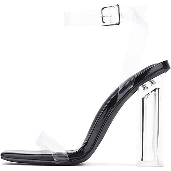 Cape Robbin Maria-2 Black Square Clear Block High Heel Transparent Open Toe Pump (Black Square, 6)