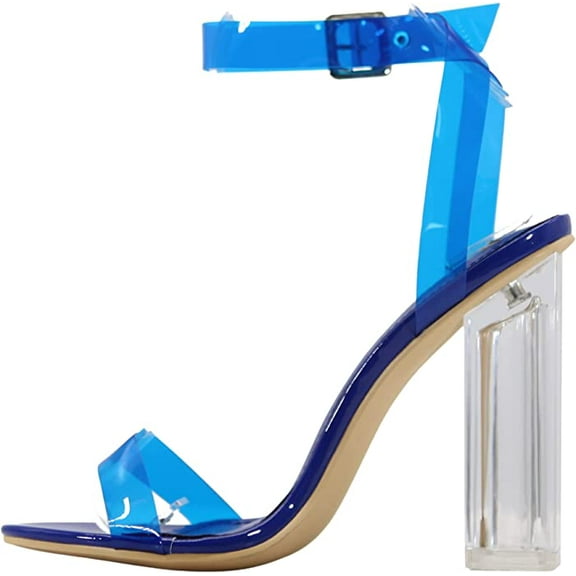Cape Robbin Maria-2 Blue Clear Block High Heel Transparent Open Toe Pumps (Blue, 7)