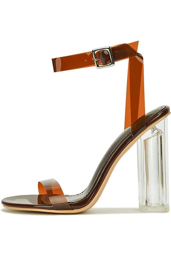 Maria-2 Brown Clear Block High Heel Transparent Open Toe Pumps (Brown, 8.5)