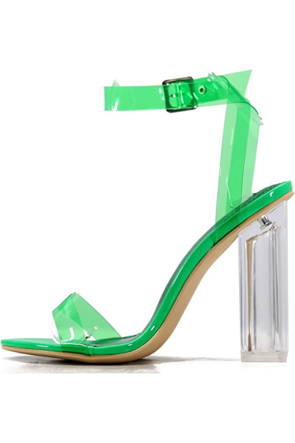 Maria-2 Brown Clear Block High Heel Transparent Open Toe Pumps (Green, 7.5)
