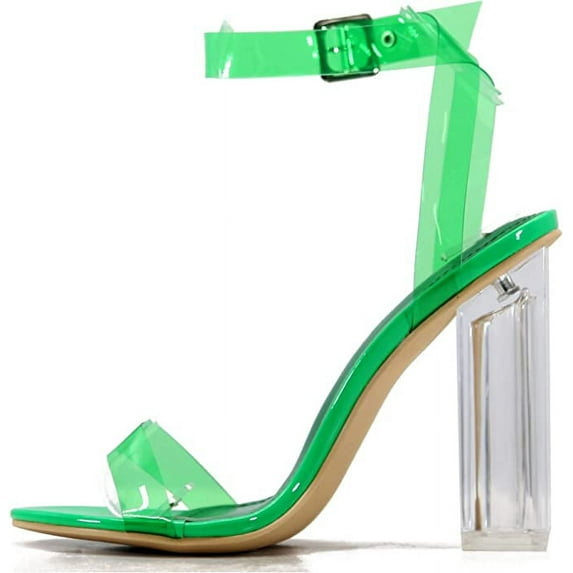 Cape Robbin Maria-2 Brown Clear Block High Heel Transparent Open Toe Pumps (Green, 7)