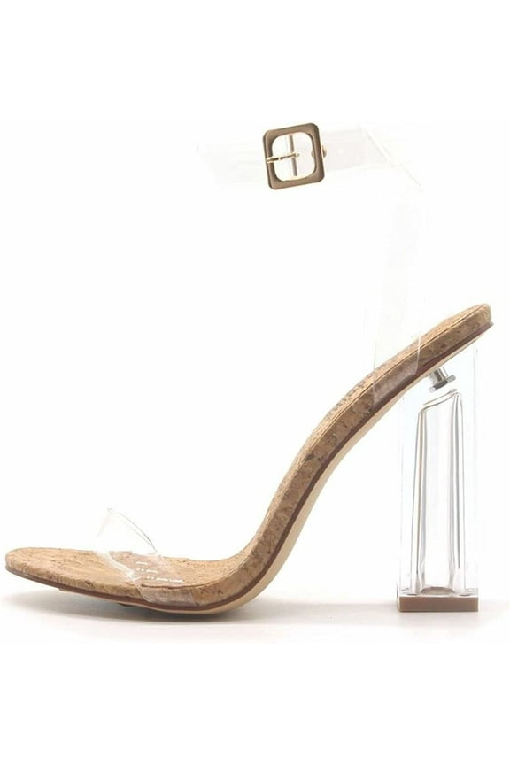 Maria-2 Cork Clear Block High Heel Transparent Open Toe Pumps (Cork, 8)