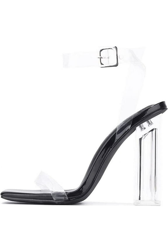 Maria-2 Lucite Clear Strappy Block High Heel Open Peep Toe Sandals (Black, 7.5)
