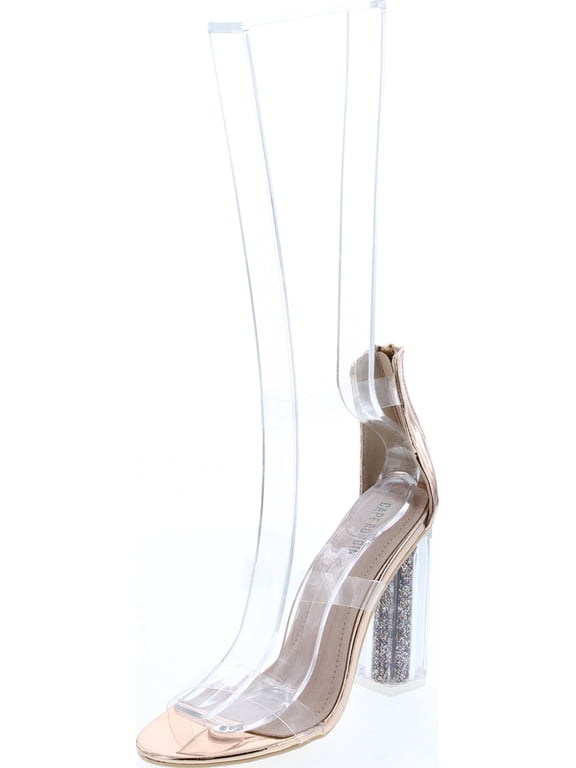Maria-7 Lucite Clear Perspex Glitter Block Heel Open Peep Toe Sandal Shoe Rose Gold