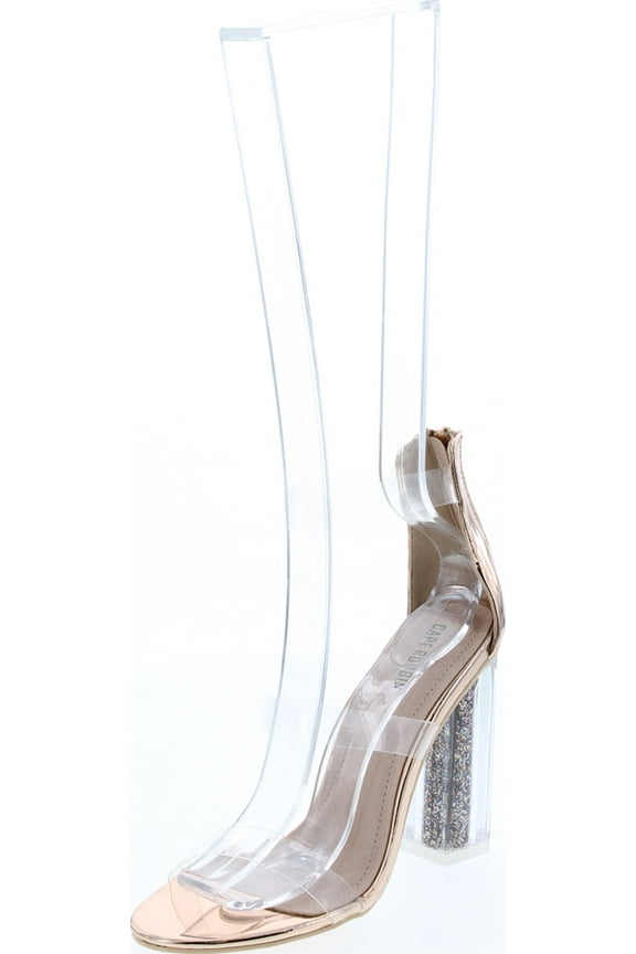 Maria-7 Lucite Clear Perspex Glitter Block Heel Open Peep Toe Sandal Shoe Rose Gold