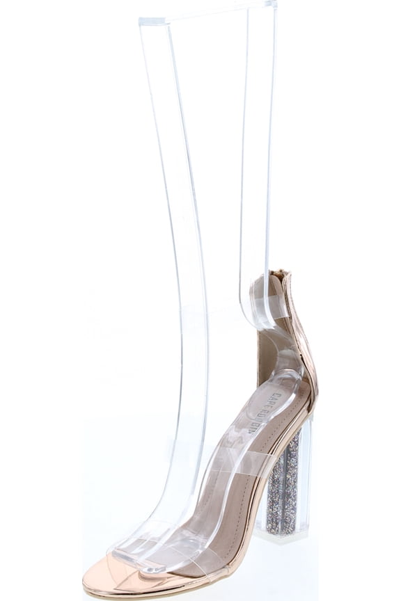 Maria-7 Lucite Clear Perspex Glitter Block Heel Open Peep Toe Sandal Shoe Rose Gold