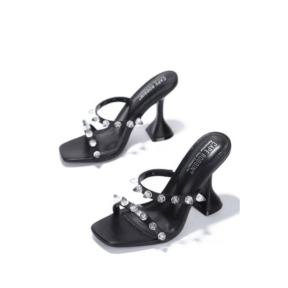 Cape Robbin Mayqueen Black Rhinestone Pyramid Heeled Mule Crystal Dress Sandals (Black, 7)