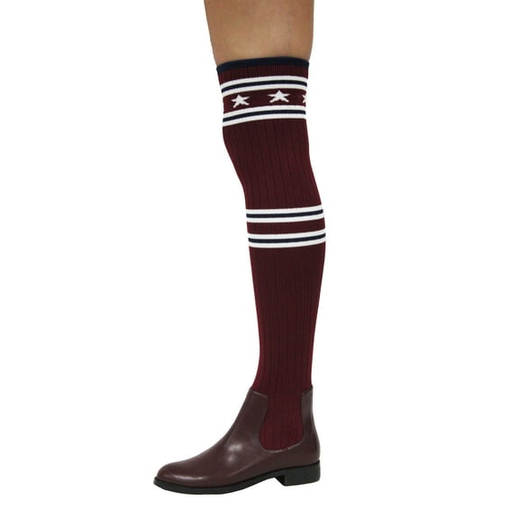 Cape Robbin Metis-1 Burgundy Stars And Stripes Ribbed Knit Over-The-Knee Boots (6)