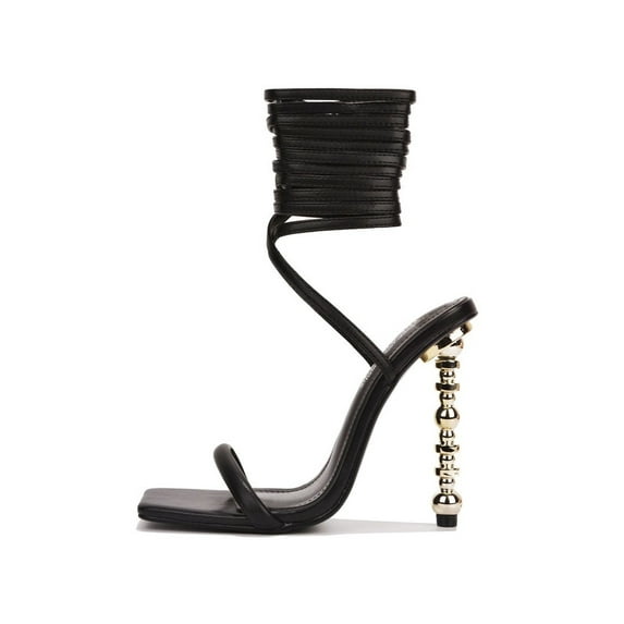 Cape Robbin Mindi Black Wrap Around Lace Up Gold Stiletto Square Toe Heels (BLACK, 5)