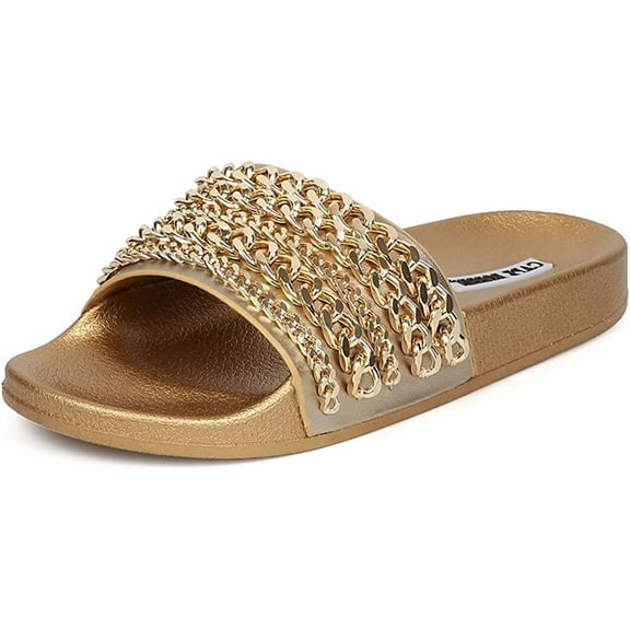 Cape Robbin Moira-18 Gold Metallic Embellished Footbed Pool Slides Flats Sandals (Gold, 6)