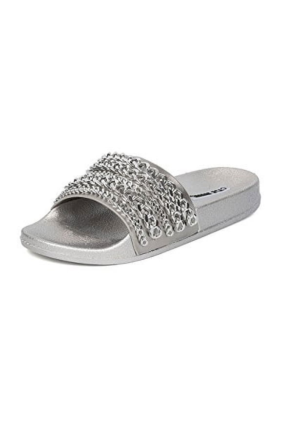 Moira-18 Silver Chain Flat Footbed Fashion Flat Pool Slide Sandals (Silver, 5)