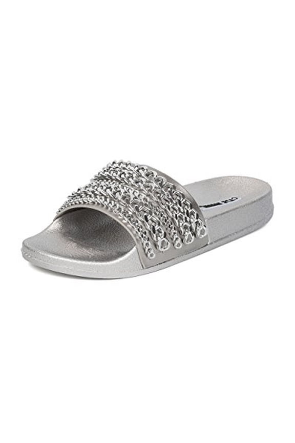 Moira-18 Silver Chain Flat Footbed Fashion Flat Pool Slide Sandals