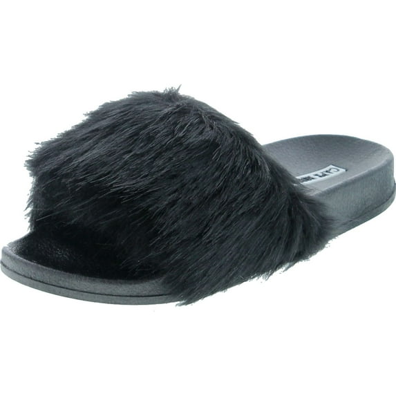 Cape Robbin Moira-5 Women Flip Flop Faux Fuzzy Fur Slide Slip On Flat Sandal Shoe Slipper Black, Black, 8