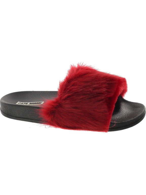 Moira-5 Women Flip Flop Faux Fuzzy Fur Slide Slip On Flat Sandal Shoe Slipper, Wine, 7