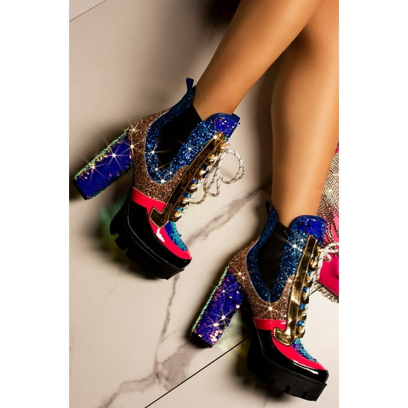 Cape Robbin Nell Mermaid Sequin Glitter Details High Heel Platform Lace Up Boots